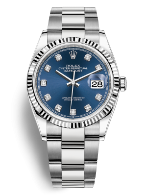 Phiên bản Rolesor trắng đi kèm mặt số màu xanh dương nạm kim cương dây đeo Oyster, mối nối ba mảnh dạng phẳng