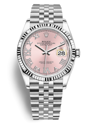 Phiên bản Rolesor trắng đi kèm mặt số màu hồng, nạm kim cương dây đeo Jubilee, mối nối 5 mảnh