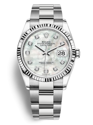 Phiên bản Rolesor trắng đi kèm mặt số mặt số vỏ trai trắng nạm kim cương dây đeo Oyster, mối nối ba mảnh dạng phẳng