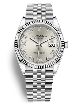 Phiên bản Rolesor trắng đi kèm mặt số màu bạc, nạm kim cương dây đeo Jubilee, mối nối 5 mảnh