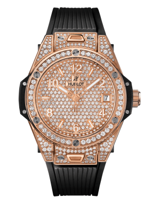 Phiên bản 465.OX.9010.RX.1604 vỏ bằng vàng 18K được đánh bóng với 118 viên kim cương dây đeo màu đen