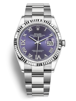 Phiên bản Rolesor trắng đi kèm mặt số Bộ Aubergine nạm kim cương dây đeo Oyster, mối nối ba mảnh dạng phẳng