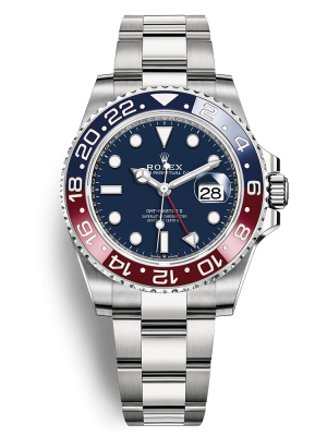 Phiên bản mặt số màu xanh và viền Cerachrom màu đỏ và màu xanh dây đeo Oyster, liên kết ba mảnh phẳng